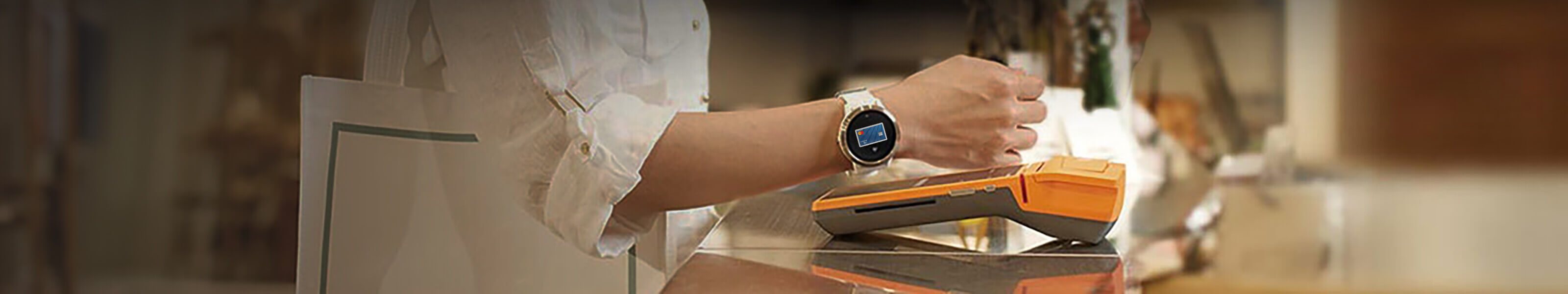 Wherever your Garmin goes, so do we. lady using Garmin watch to pay at register