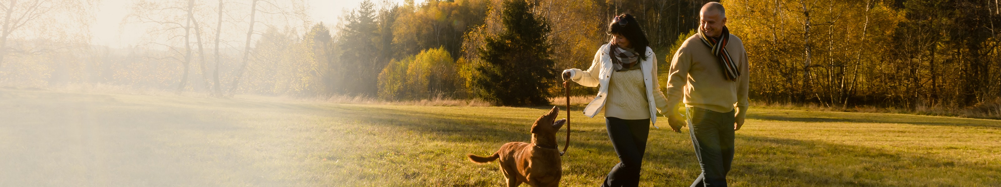 An older couple walks in a field with their dog.